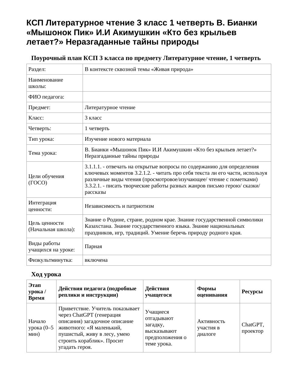 КСП Литературное чтение 3 класс 1 четверть В. Бианки «Мышонок Пик» И.И Акимушкин «Кто без крыльев летает?» Неразгаданные тайны природы