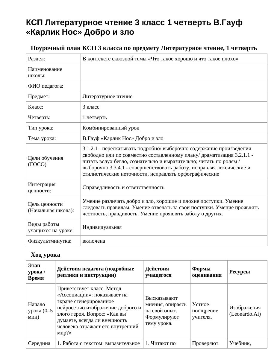 КСП Литературное чтение 3 класс 1 четверть В.Гауф «Карлик Нос» Добро и зло