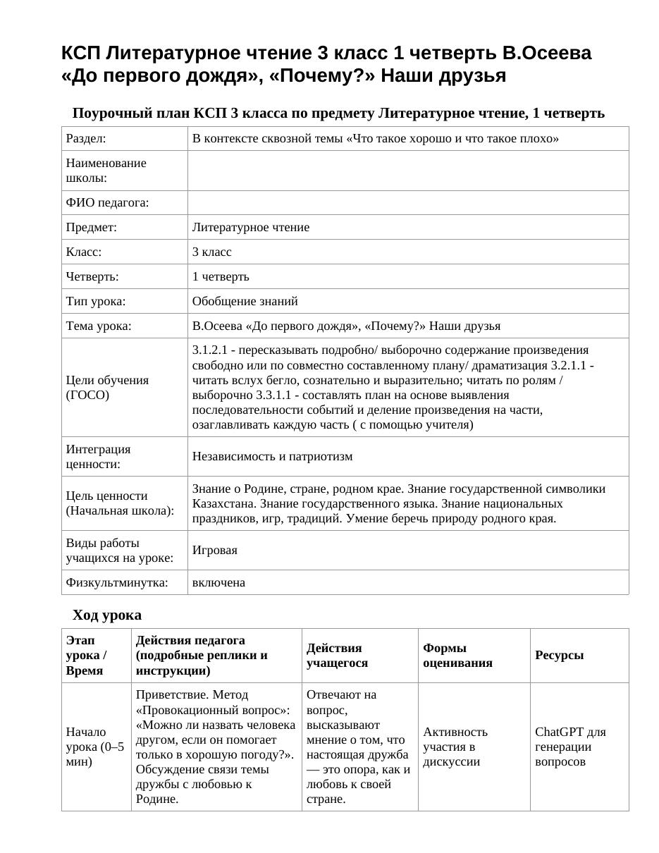 КСП Литературное чтение 3 класс 1 четверть В.Осеева «До первого дождя», «Почему?» Наши друзья
