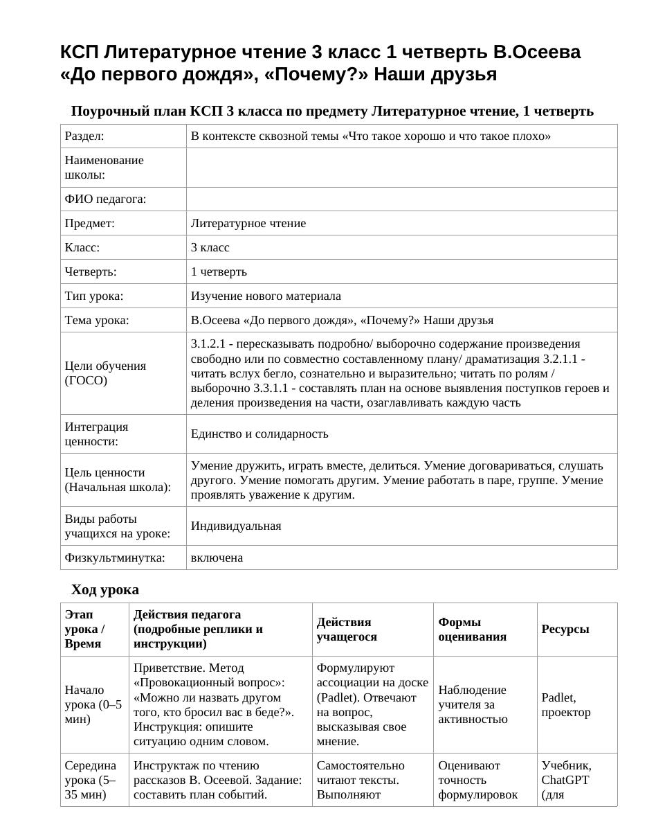 КСП Литературное чтение 3 класс 1 четверть В.Осеева «До первого дождя», «Почему?» Наши друзья