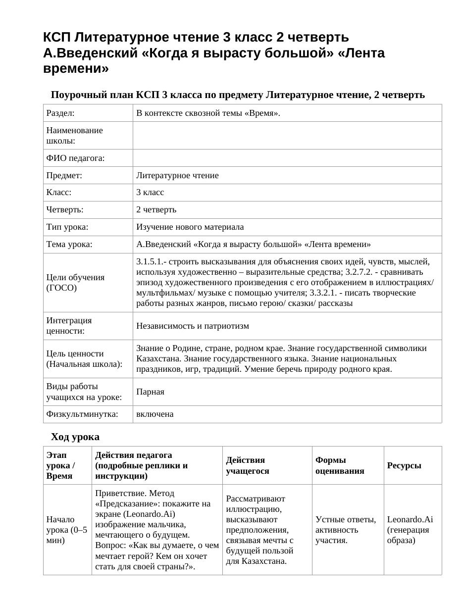КСП Литературное чтение 3 класс 2 четверть А.Введенский «Когда я вырасту большой» «Лента времени»