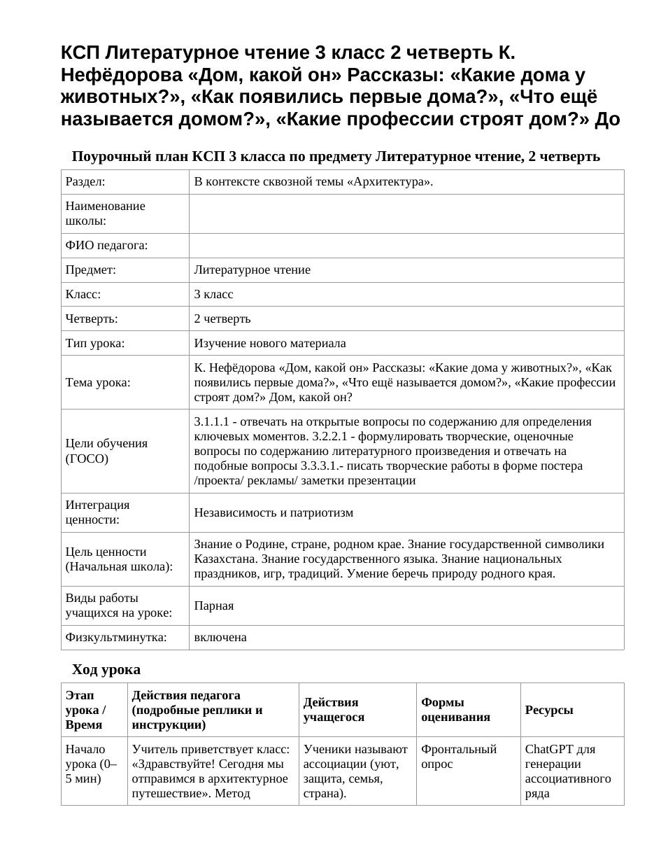 КСП Литературное чтение 3 класс 2 четверть К. Нефёдорова «Дом, какой он» Рассказы: «Какие дома у животных?», «Как появились первые дома?», «Что ещё называется домом?», «Какие профессии строят дом?» До
