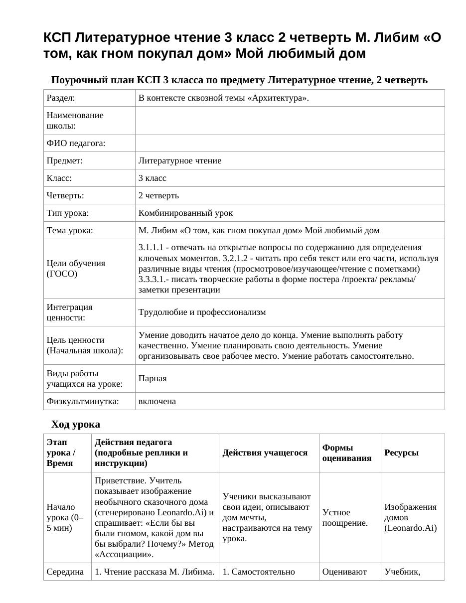 КСП Литературное чтение 3 класс 2 четверть М. Либим «О том, как гном покупал дом» Мой любимый дом