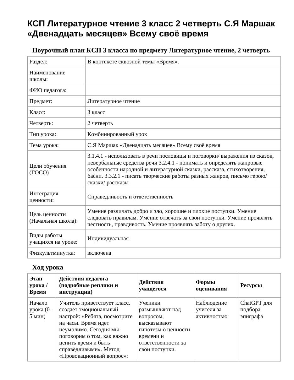 КСП Литературное чтение 3 класс 2 четверть С.Я Маршак «Двенадцать месяцев» Всему своё время