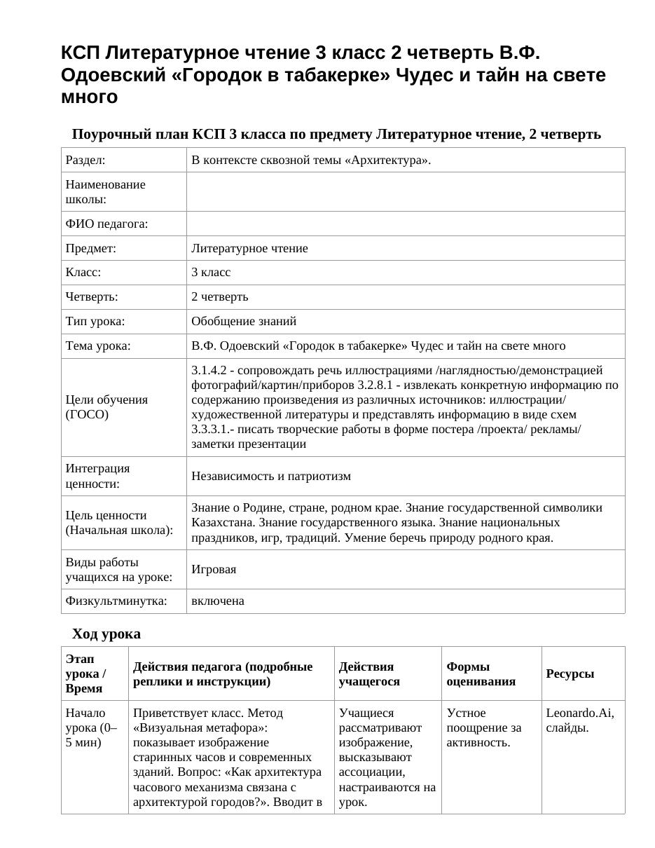 КСП Литературное чтение 3 класс 2 четверть В.Ф. Одоевский «Городок в табакерке» Чудес и тайн на свете много