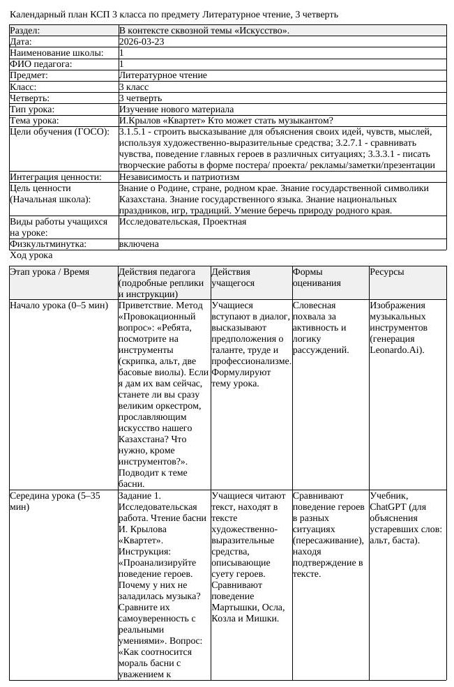 КСП Литературное чтение 3класс 3 четверть И Крылов Квартет Кто может