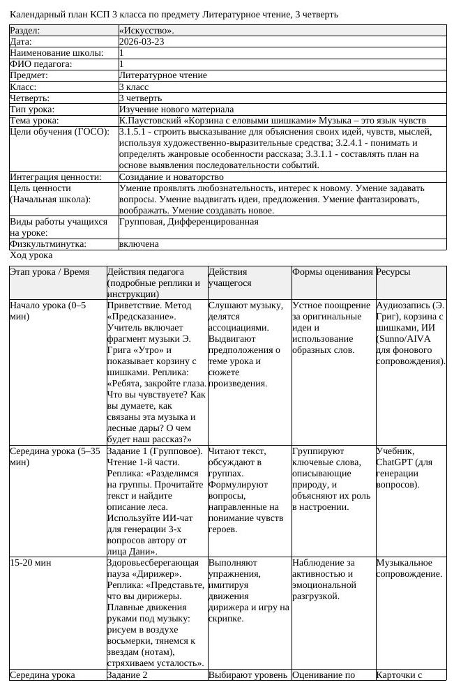 КСП Литературное чтение 3класс 3 четверть К Паустовский Корзина