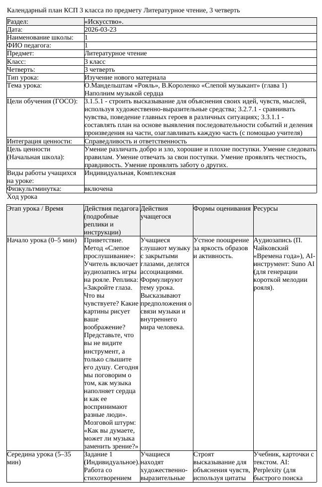 КСП Литературное чтение 3класс 3 четверть О Мандельштам Рояль В