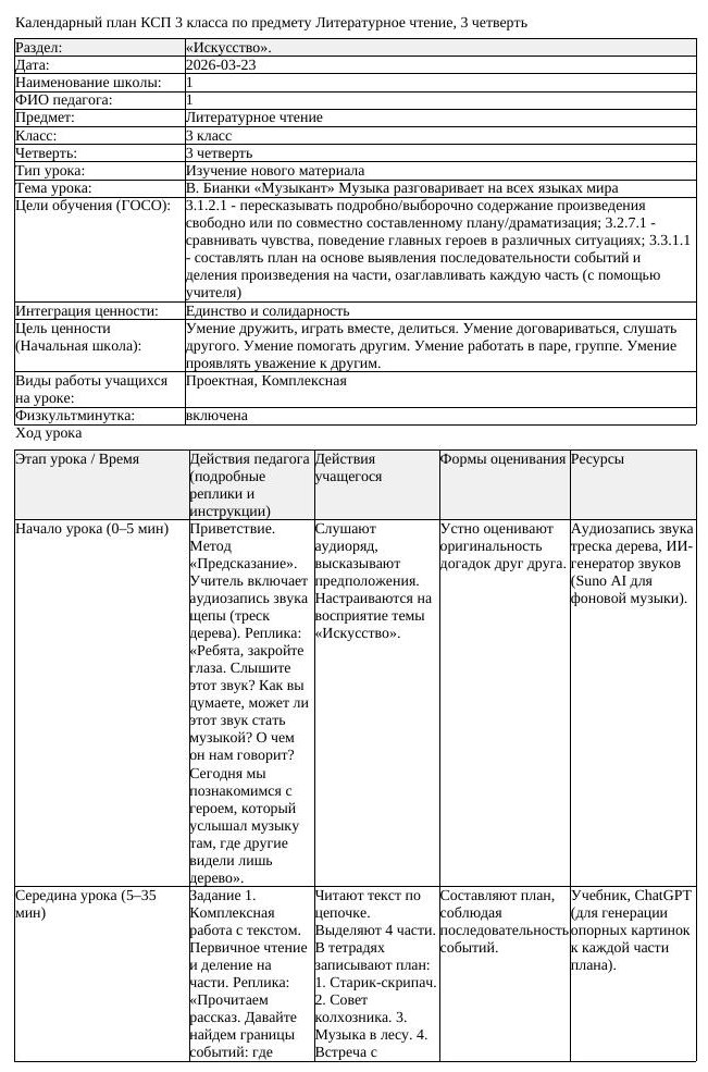 КСП Литературное чтение 3класс 3 четверть В Бианки Музыкант Музыка