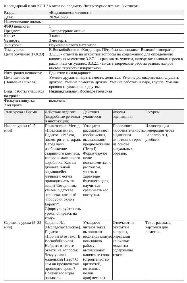 КСП Литературное чтение 3класс 3 четверть В Воскобойников Когда