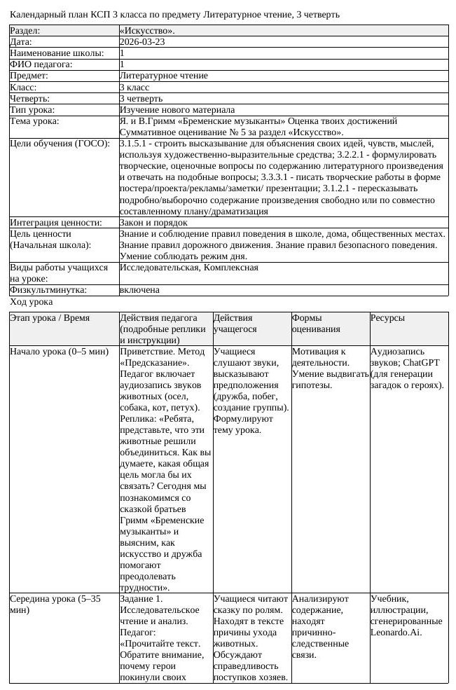 КСП Литературное чтение 3класс 3 четверть Я и В Гримм Бременские