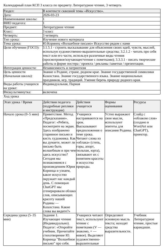 КСП Литературное чтение 3класс 3 четверть Ю Коринец Волшебное письмо