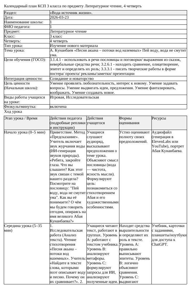 КСП Литературное чтение 3класс 4 четверть А Кунанбаев Песня акына