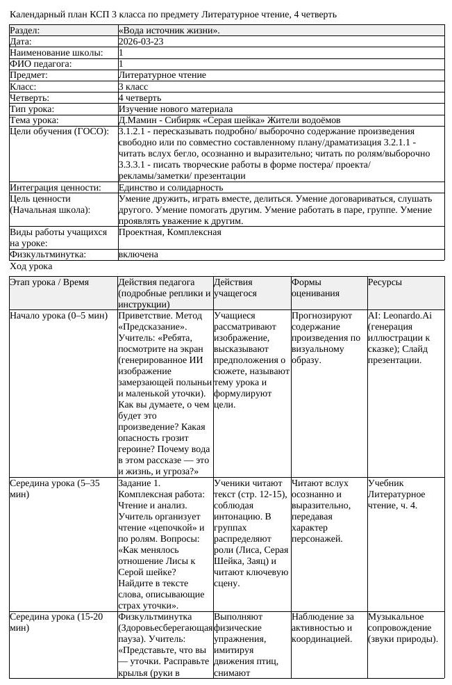 КСП Литературное чтение 3класс 4 четверть Д Мамин Сибиряк Серая