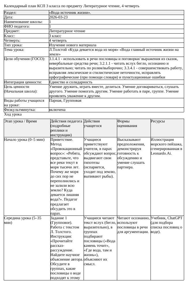 КСП Литературное чтение 3класс 4 четверть Л Толстой Куда девается