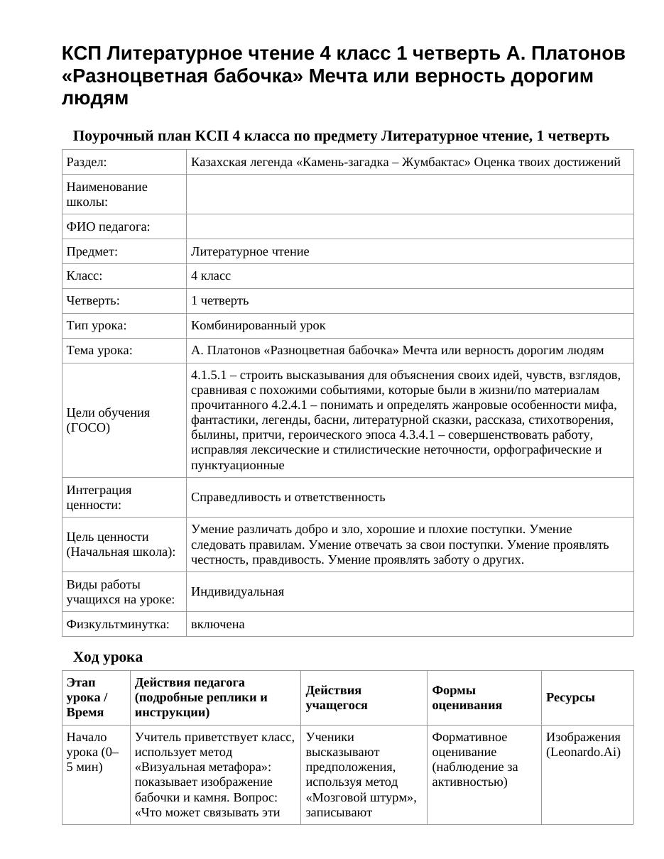 КСП Литературное чтение 4 класс 1 четверть А. Платонов «Разноцветная бабочка» Мечта или верность дорогим людям