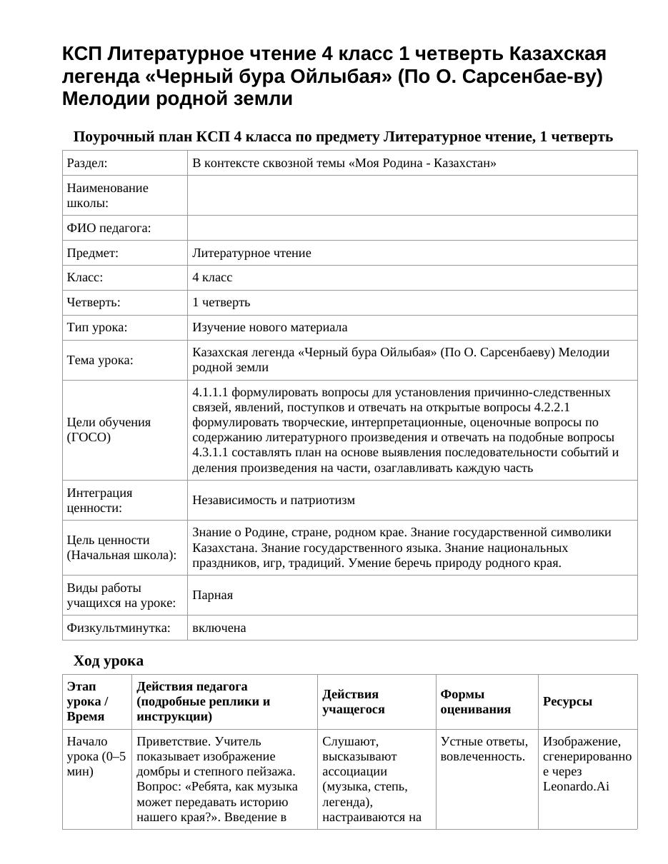 КСП Литературное чтение 4 класс 1 четверть Казахская легенда «Черный бура Ойлыбая» (По О. Сарсенбае-ву) Мелодии родной земли