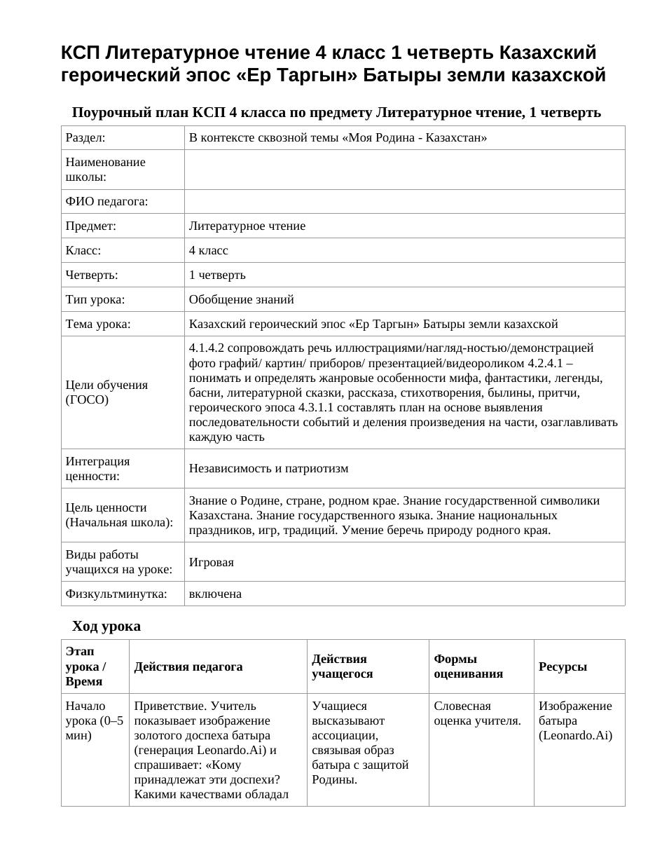 КСП Литературное чтение 4 класс 1 четверть Казахский героический эпос «Ер Таргын» Батыры земли казахской