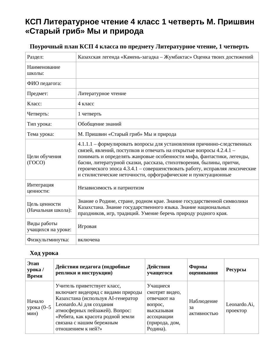 КСП Литературное чтение 4 класс 1 четверть М. Пришвин «Старый гриб» Мы и природа