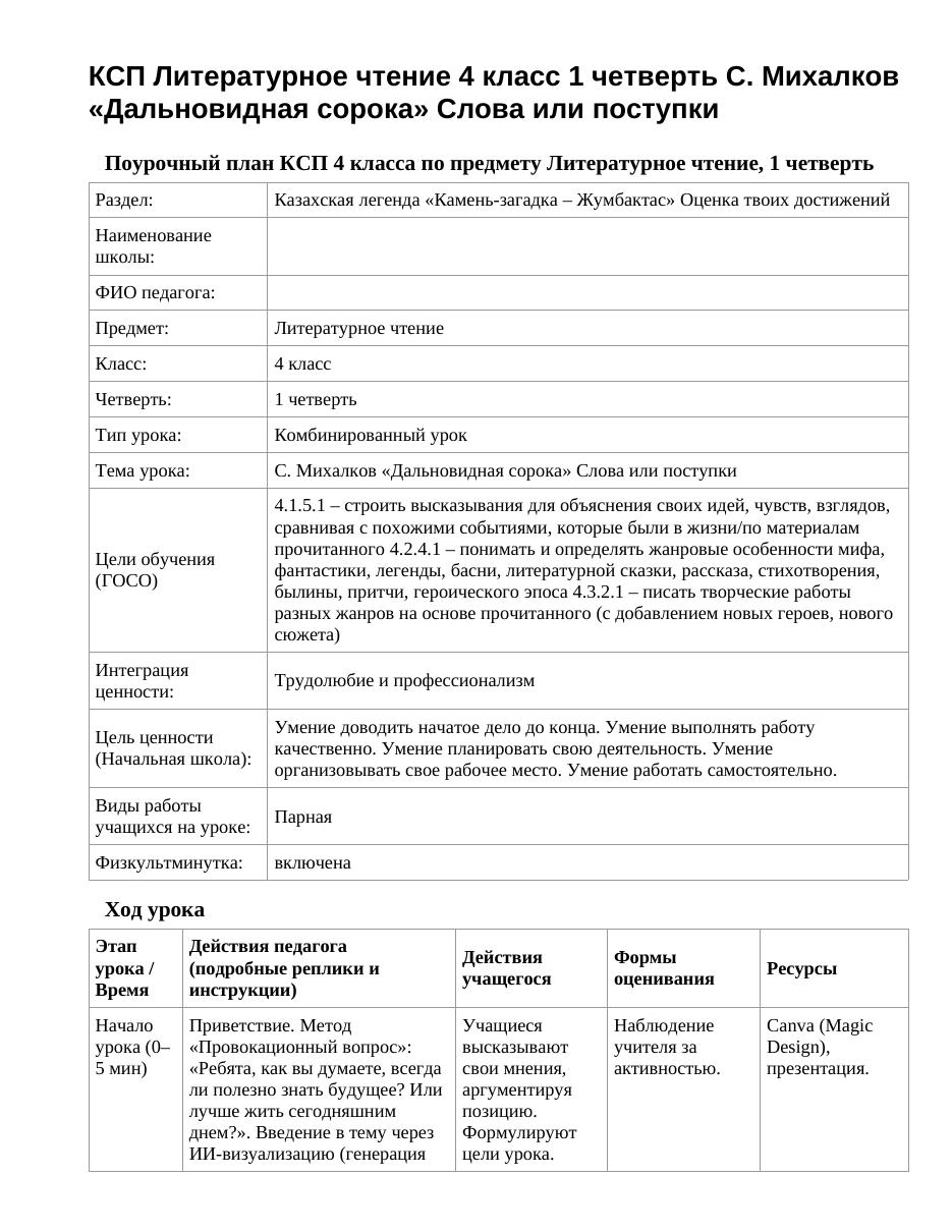 КСП Литературное чтение 4 класс 1 четверть С. Михалков «Дальновидная сорока» Слова или поступки