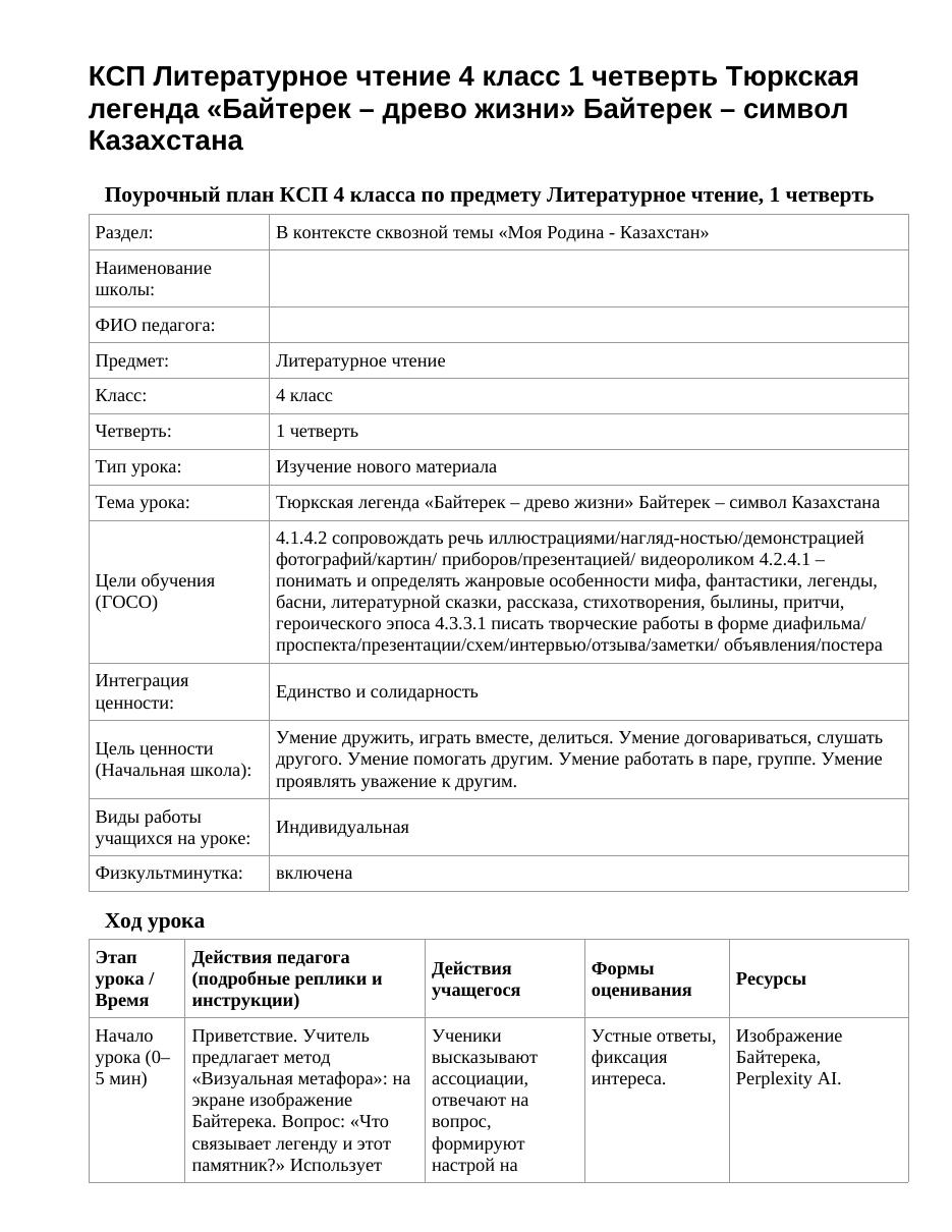 КСП Литературное чтение 4 класс 1 четверть Тюркская легенда «Байтерек – древо жизни» Байтерек – символ Казахстана