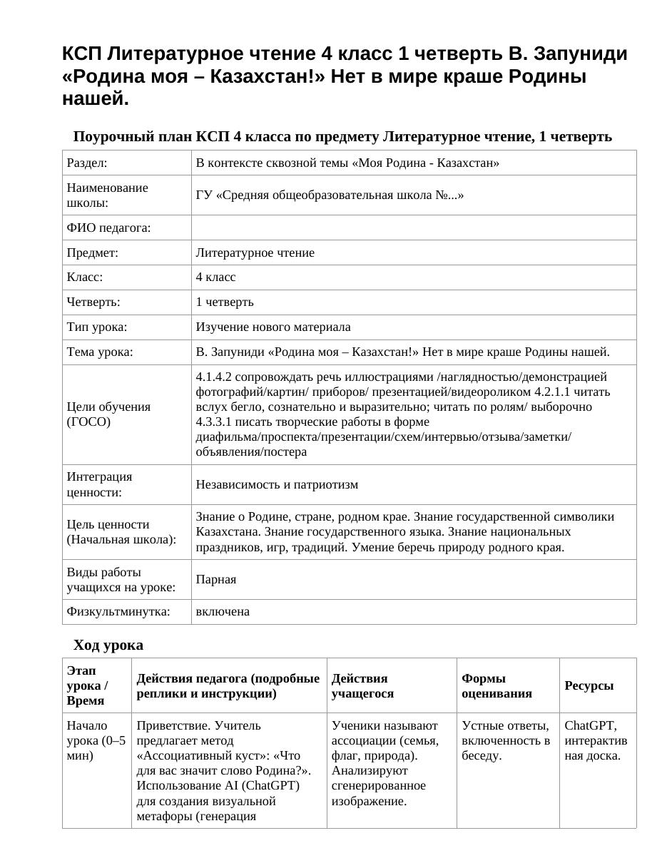 КСП Литературное чтение 4 класс 1 четверть В. Запуниди «Родина моя – Казахстан!» Нет в мире краше Родины нашей.
