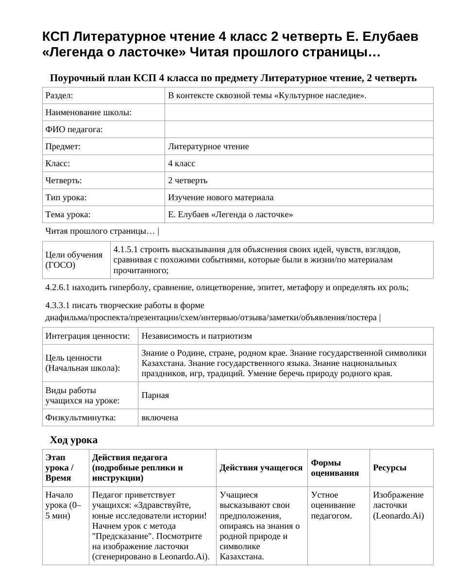 КСП Литературное чтение 4 класс 2 четверть Е. Елубаев «Легенда о ласточке» Читая прошлого страницы…