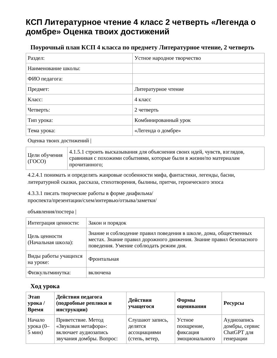 КСП Литературное чтение 4 класс 2 четверть «Легенда о домбре» Оценка твоих достижений