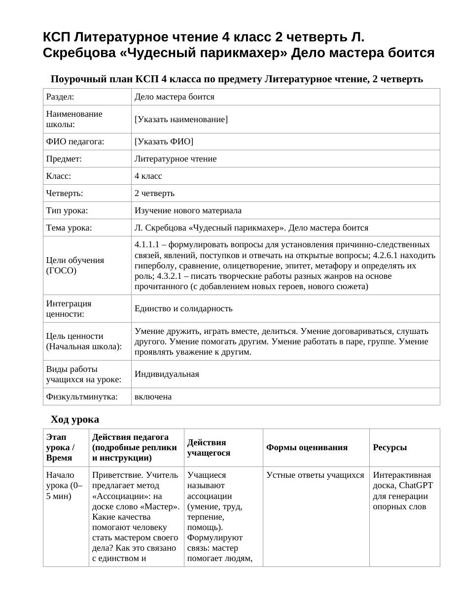 КСП Литературное чтение 4 класс 2 четверть Л. Скребцова «Чудесный парикмахер» Дело мастера боится
