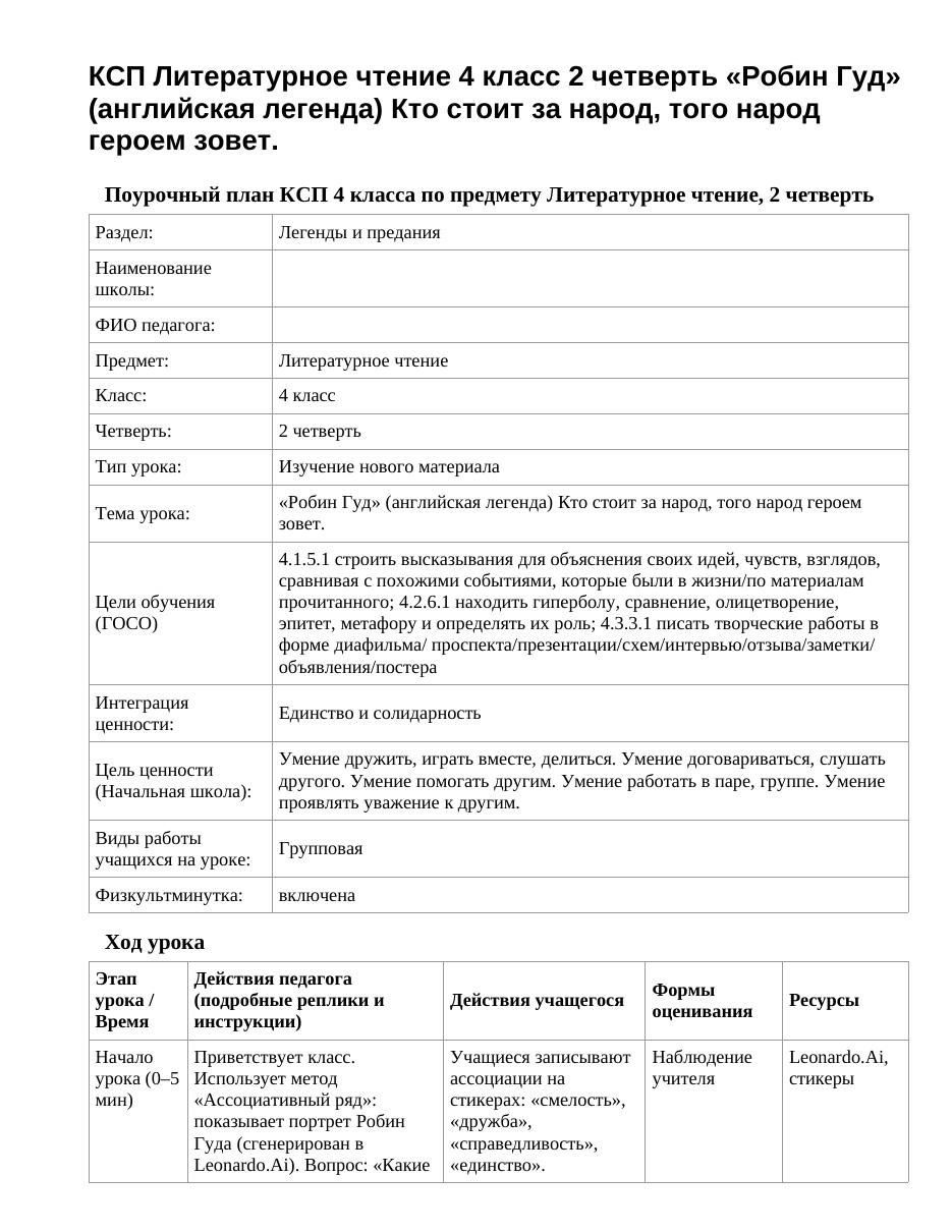 КСП Литературное чтение 4 класс 2 четверть «Робин Гуд» (английская легенда) Кто стоит за народ, того народ героем зовет.