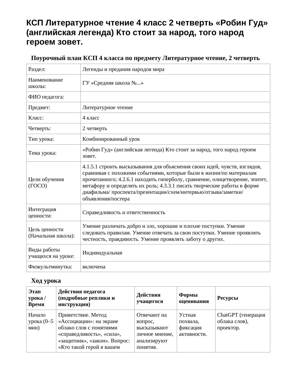 КСП Литературное чтение 4 класс 2 четверть «Робин Гуд» (английская легенда) Кто стоит за народ, того народ героем зовет.