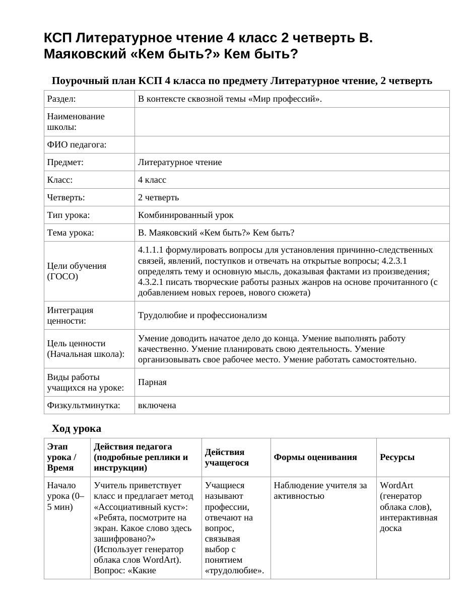 КСП Литературное чтение 4 класс 2 четверть В. Маяковский «Кем быть?» Кем быть?