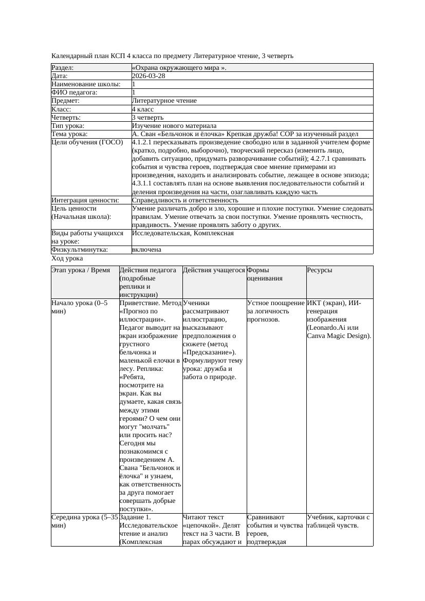 КСП Литературное чтение 4класс 3 четверть А Сван Бельчонок и ёлочка