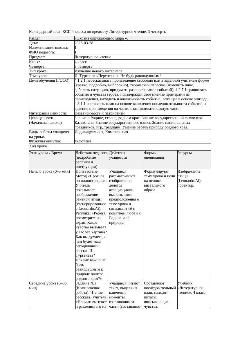 КСП Литературное чтение 4класс 3 четверть И Тургенев Перепелка Не