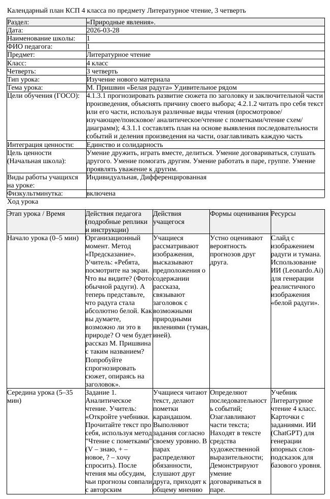 КСП Литературное чтение 4класс 3 четверть М Пришвин Белая радуга