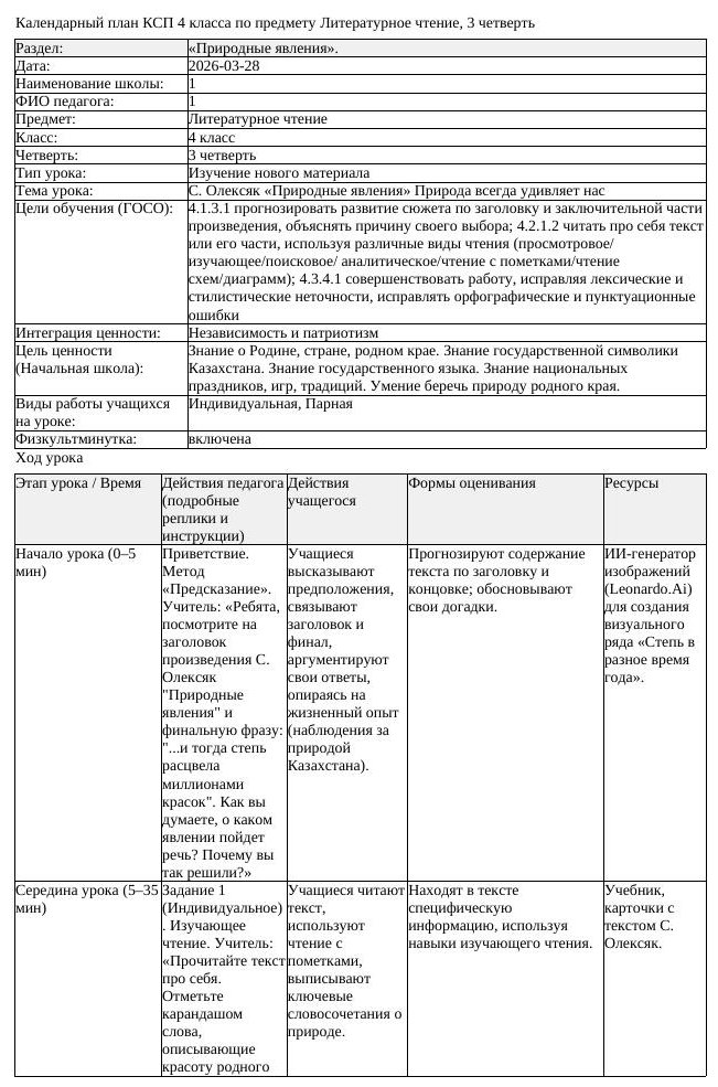 КСП Литературное чтение 4класс 3 четверть С Олексяк Природные явления