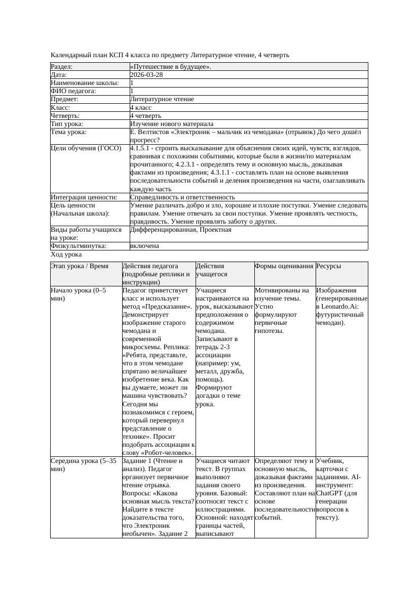 КСП Литературное чтение 4класс 4 четверть Е Велтистов Электроник
