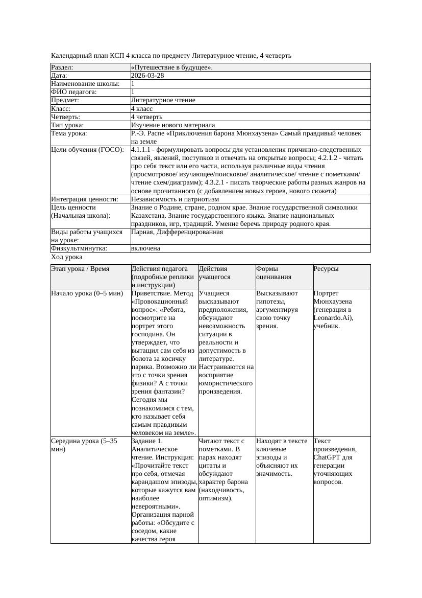 КСП Литературное чтение 4класс 4 четверть Р Э Распе Приключения