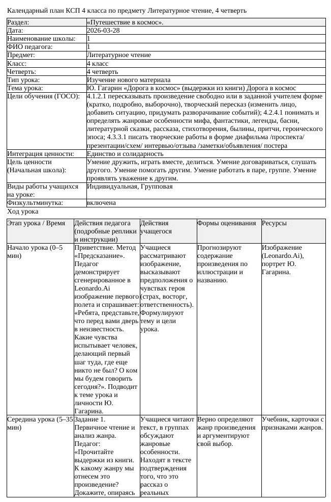 КСП Литературное чтение 4 класс 4 четверть Ю Гагарин Дорога в космос