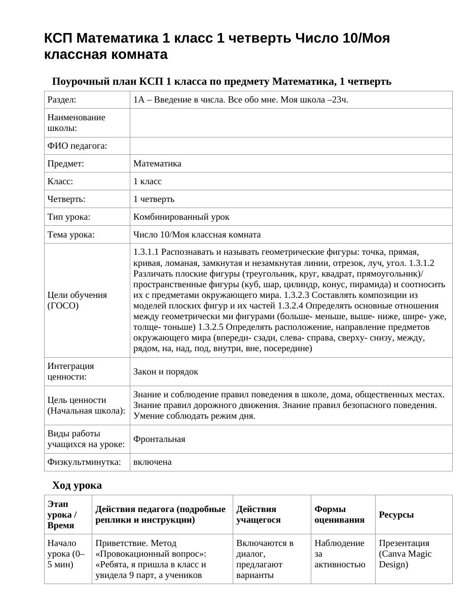 КСП Математика 1 класс 1 четверть Число 10/Моя классная комната