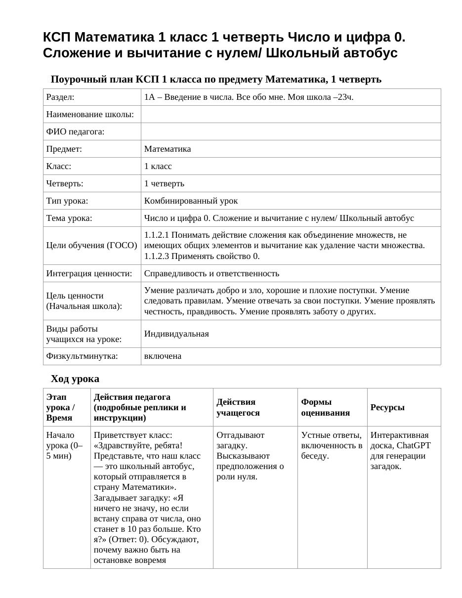 КСП Математика 1 класс 1 четверть Число и цифра 0. Сложение и вычитание с нулем/ Школьный автобус
