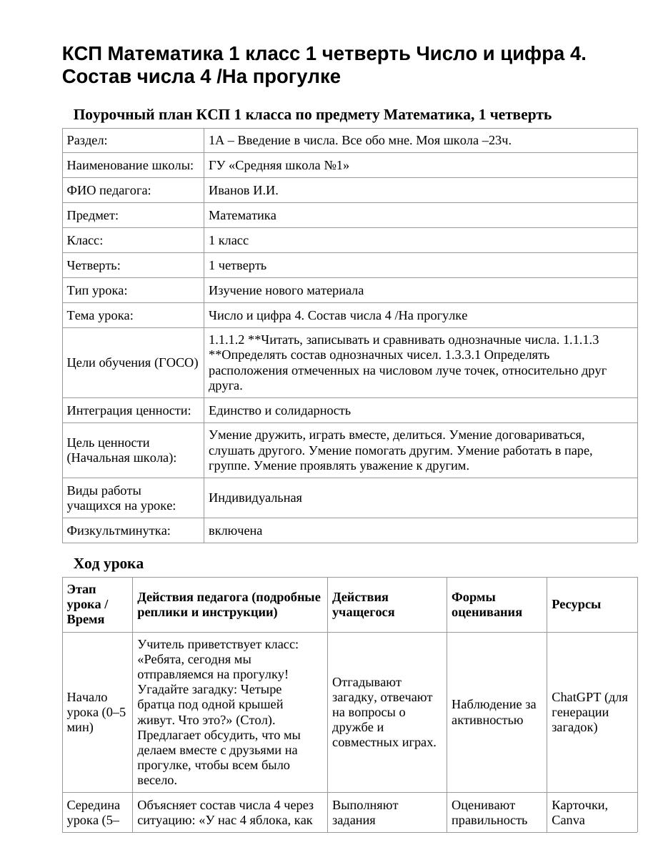 КСП Математика 1 класс 1 четверть Число и цифра 4. Состав числа 4 /На прогулке