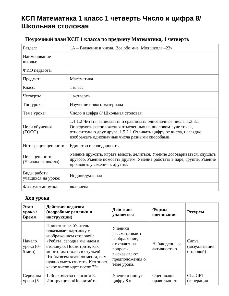 КСП Математика 1 класс 1 четверть Число и цифра 8/ Школьная столовая