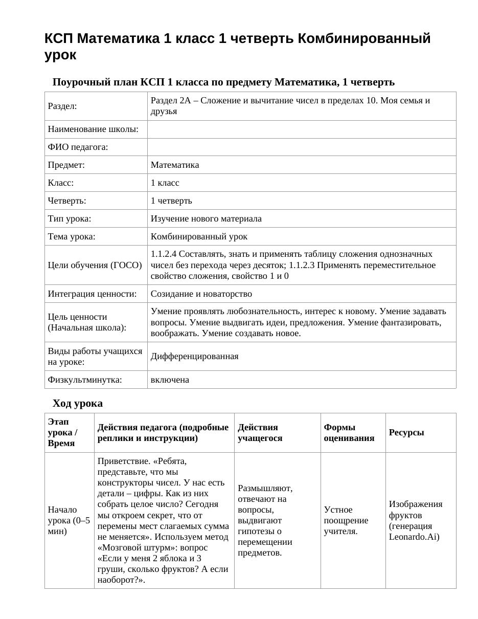 КСП Математика 1 класс 1 четверть Комбинированный урок
