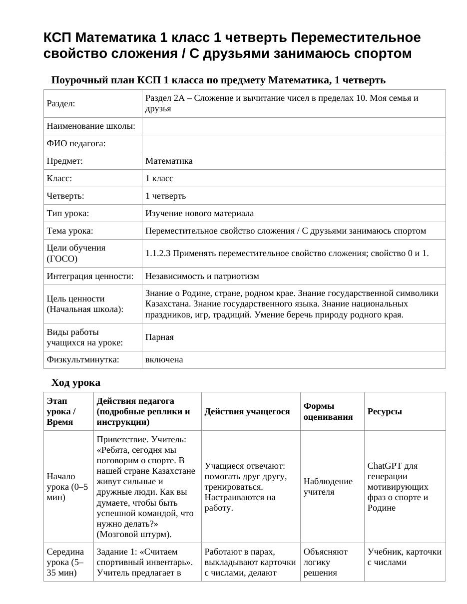 КСП Математика 1 класс 1 четверть Переместительное свойство сложения / С друзьями занимаюсь спортом