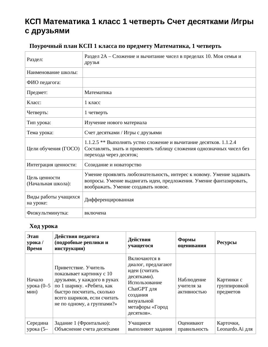 КСП Математика 1 класс 1 четверть Счет десятками /Игры с друзьями