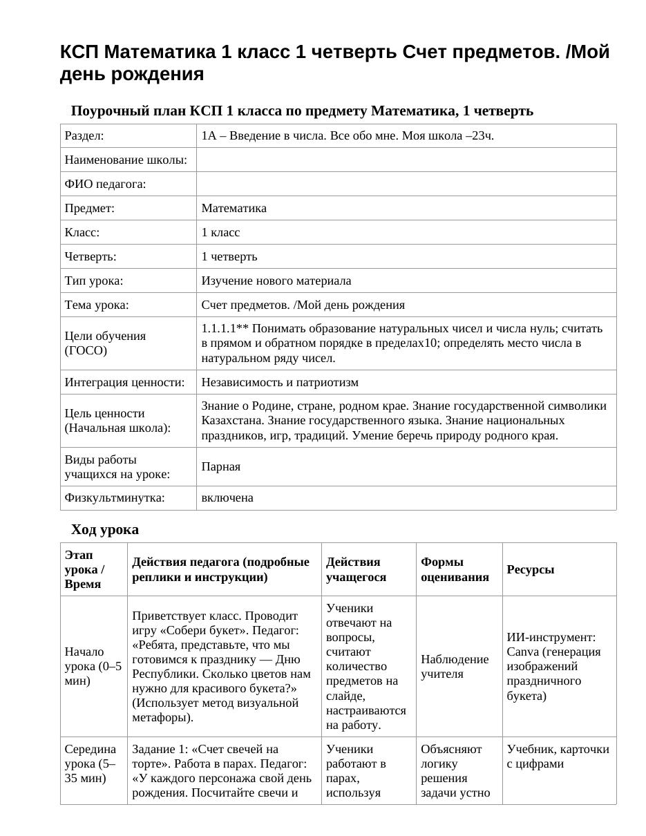 КСП Математика 1 класс 1 четверть Счет предметов. /Мой день рождения
