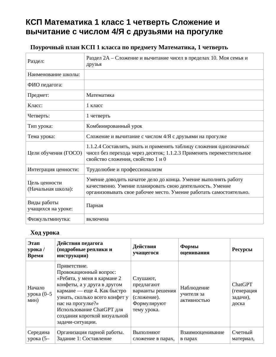 КСП Математика 1 класс 1 четверть Сложение и вычитание с числом 4/Я с друзьями на прогулке