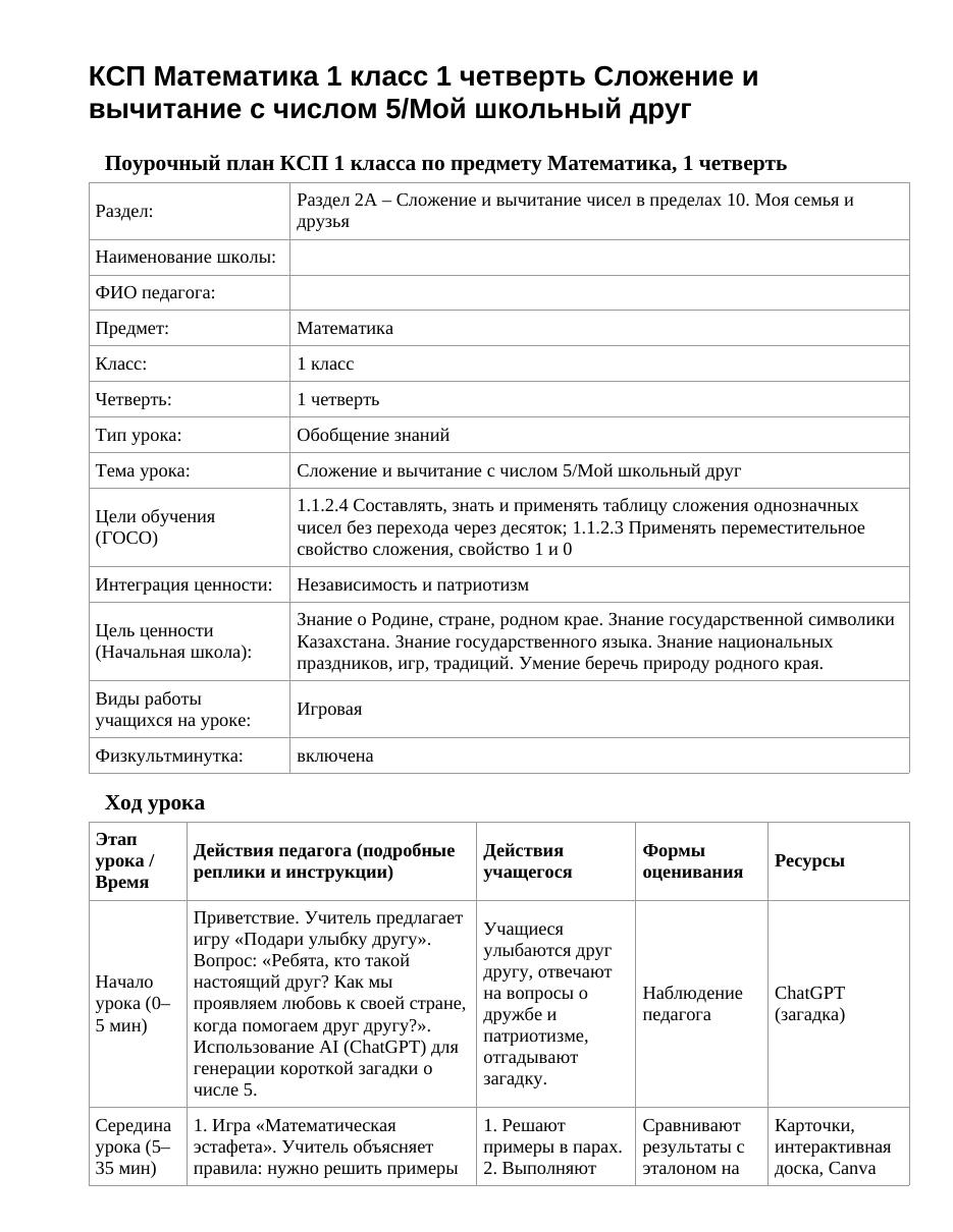 КСП Математика 1 класс 1 четверть Сложение и вычитание с числом 5/Мой школьный друг