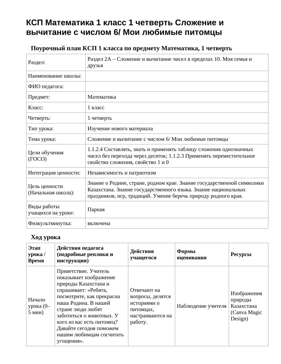 КСП Математика 1 класс 1 четверть Сложение и вычитание с числом 6/ Мои любимые питомцы